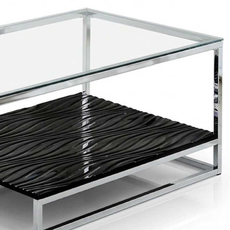 Odilia Table basse rectangulaire en verre noir / chrome avec tablette inférieure ondulée