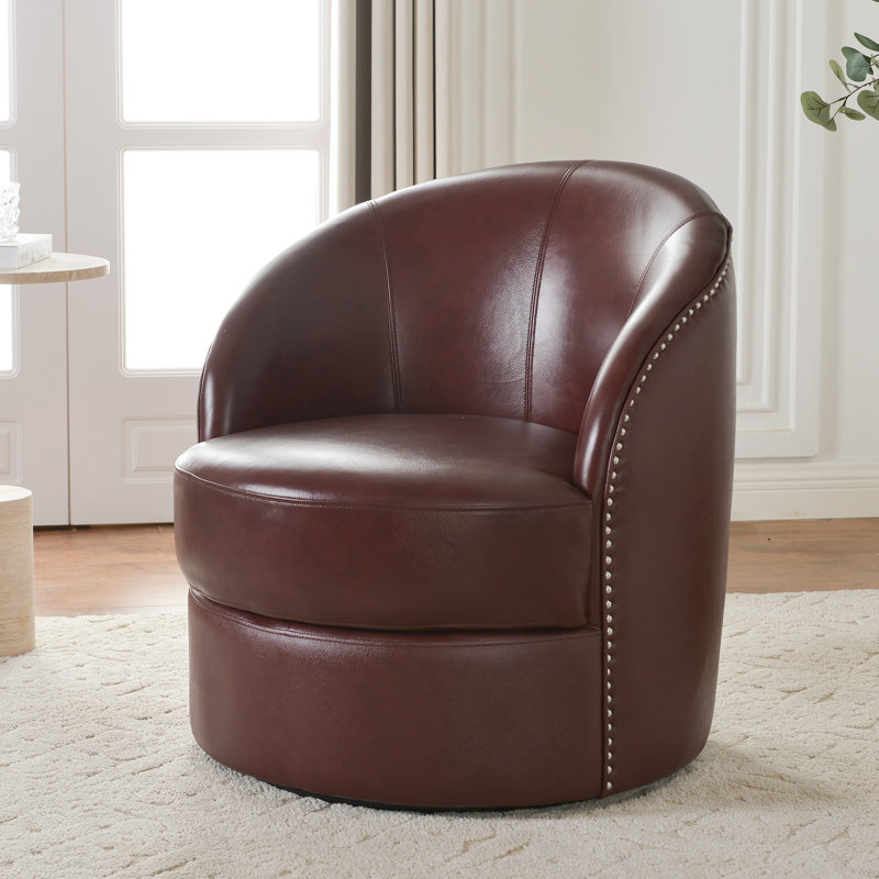 29.1'' W Top-Grain Genuine Leather Upholstered Swivel Barrel Chair, Red