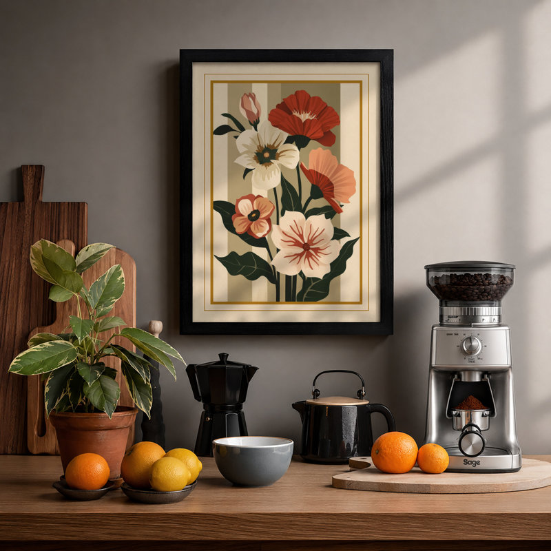 Five Flowering Stems Botanical - Framed Print, A2 - 59.4 x 42.0 cm, Black