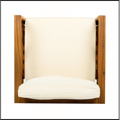 Ensemble de conversation pour patio, comprenant un fauteuil, deux coussins, une table en bois d'acacia et une finition teck, idéal pour jardin ou balcon.