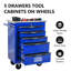 6 porte-outils à 6 tiroirs avec roues, polyvalent pour divers espaces de travail, noir et bleu, glissières de tiroir à roulement, 4 roues universelles freins, 5 chariot multifonctionnel, atelier de roulement et de garage en métal, avec
