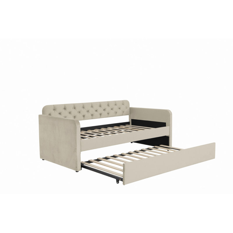 Upholstered Velvet Daybed with Trundle Bed, Beige