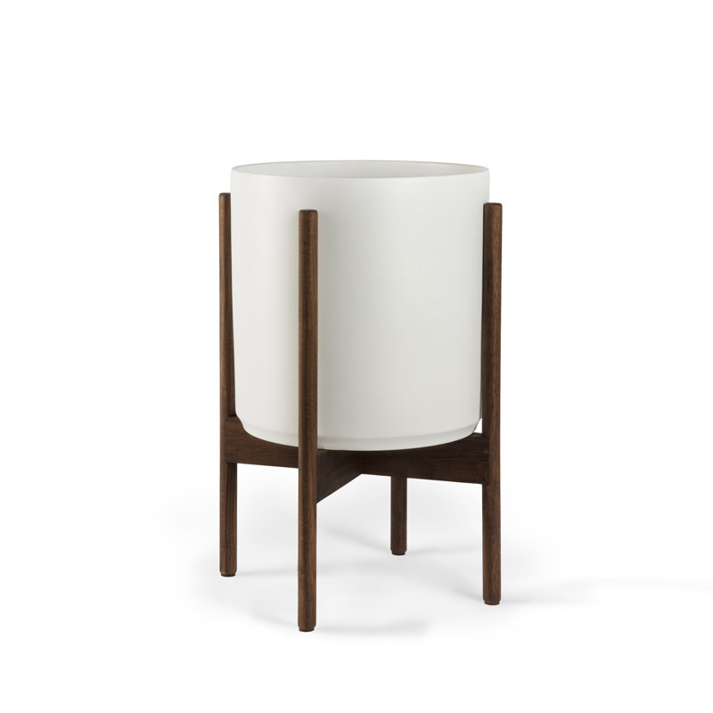 Pot à fleurs en grès Riverside, H 20 po x l 15,5 po x P 15,5 po, Blanc / teck foncé