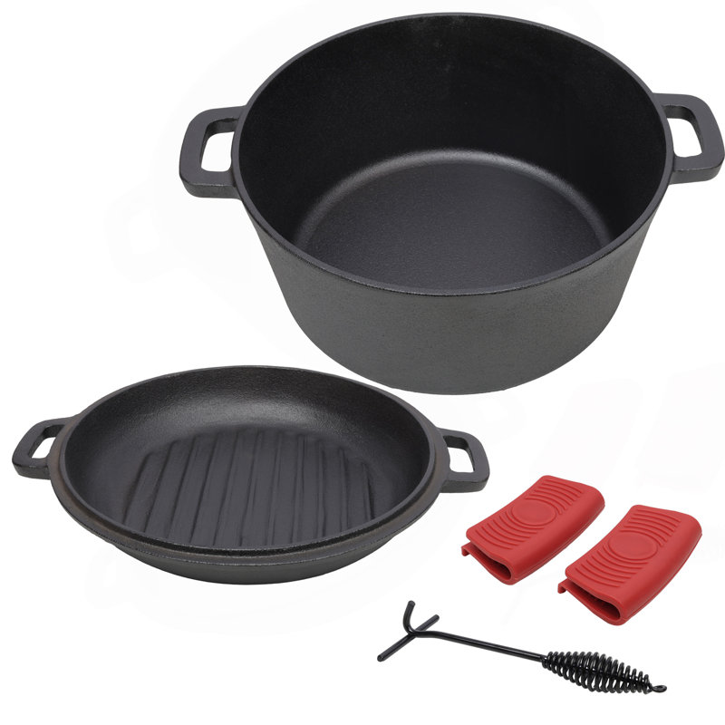 3 In 1 Pre-Seasoned Cast Iron Dutch Oven, Outdoor Camping Deep Pot, 5 Quart. Cover As A Skillet With Ribbed Bottom Design. With 2Pcs Silicone Handel Covers, 1PC Lid Lifter.