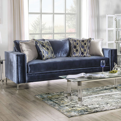 96.4" W Contemporary Sofa, Satin Blue/Silver