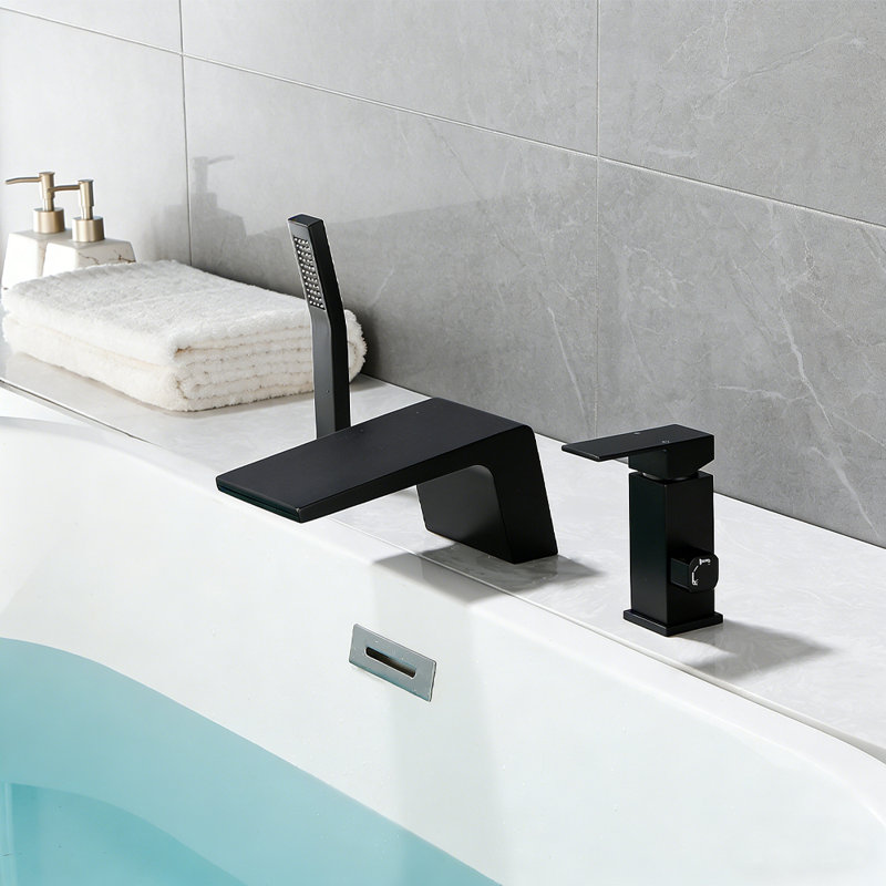 Roman Deck Mount Waterfall Tub Faucet With Handheld Shower, Single Handle, 2-Mode Water Outlet, Matte Black