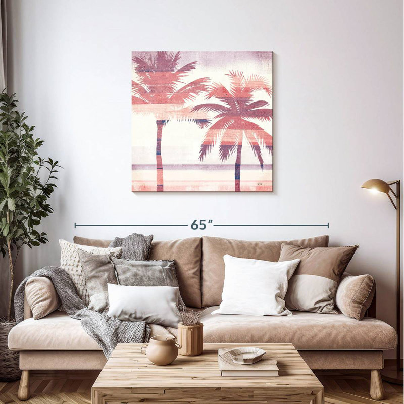 Harnek, paysage de plage, palmiers, rose, mauve, H 36 po x l 36 po