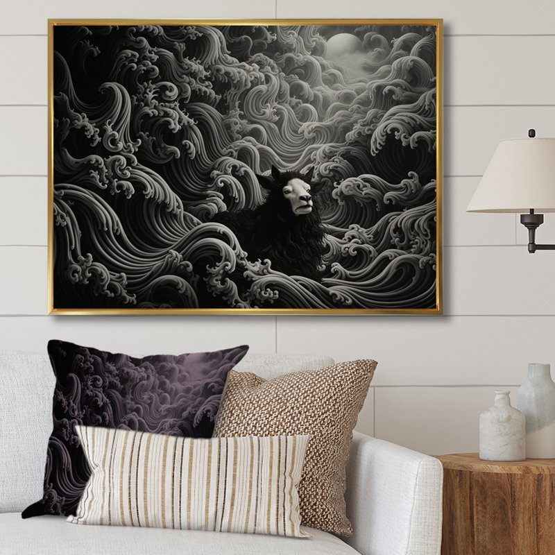 Portrait abstrait de chèvre noir et blanc III - Chèvre, art mural, Cadre flottant doré, H 30 po x l 40 po x P 1,5 po
