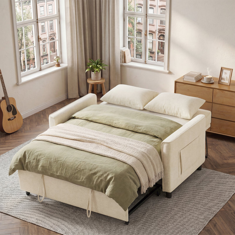 Canapé-lit rembourré 56,9 po avec port USB et poche latérale, Crème