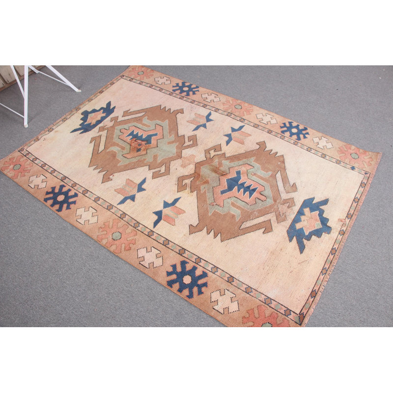 Tapis rétro boho anatolien Oushak beige neutre pour chambre ou salon
