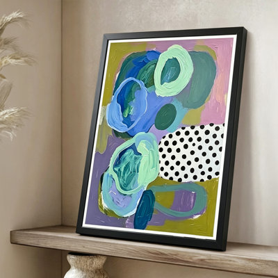 Modern Abstract Abstract forms in vibrant colors, dynamic brushstrokes, Modern acrylic painting style. 24" x 36" Framed Canvas Wall Art in Black Wood Frame