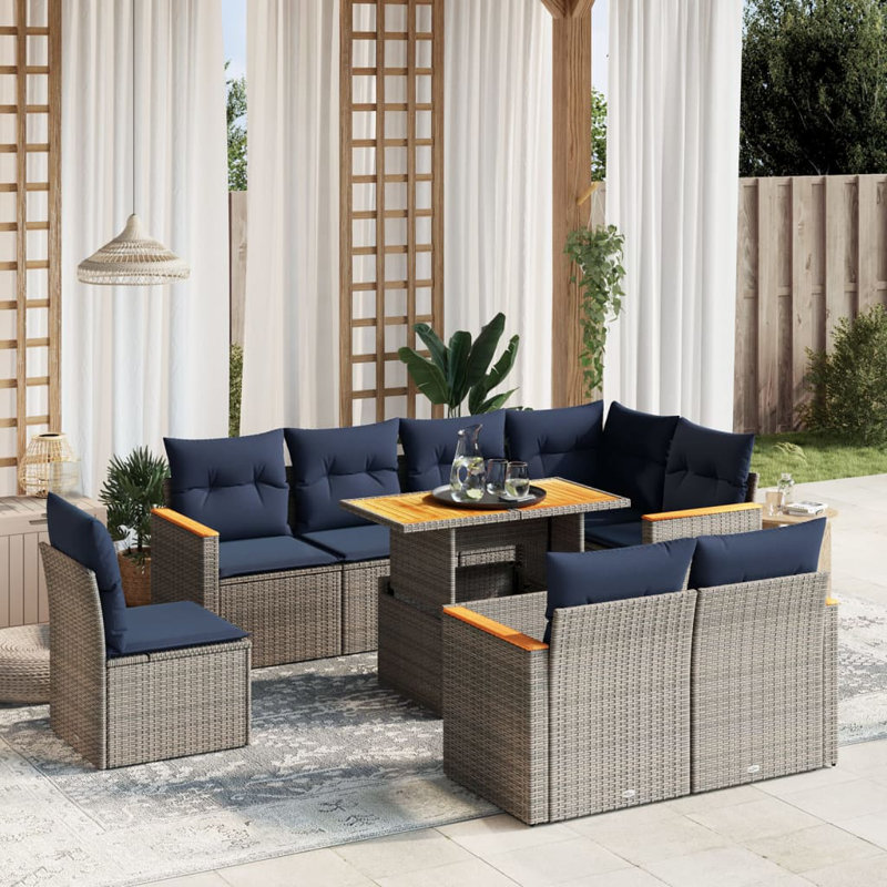  9 Piece Patio Sofa Set With Cushions Poly Rattan, Grey, Blue