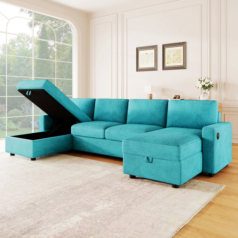Canapé modulaire, canapé modulaire convertible, canapé en U avec méridienne de rangement et ports USB, Sarcelle