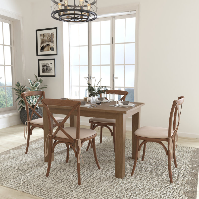 Montana 46" x 30" Antique Rustic Farm Table Set with 4 Cross Back Chairs and Cushions, 30" H x 46" L x 30" W