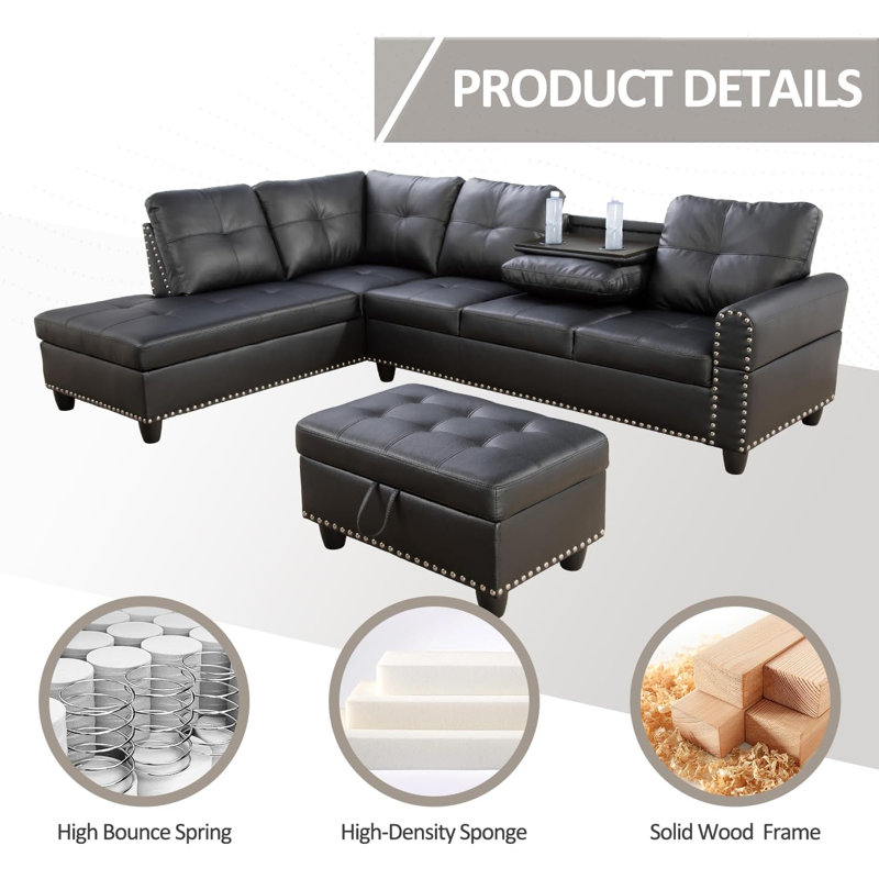 Plyler 97.2" Wide Modular Sectional with Ottoman, Black Faux Leather, Left Hand Facing