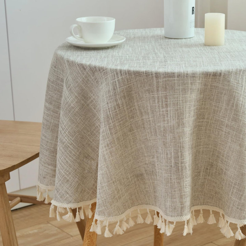 Round Tassel Tablecloth 160 Cm Cotton Linen Look Solid Colour Durable Cover, Light Tan