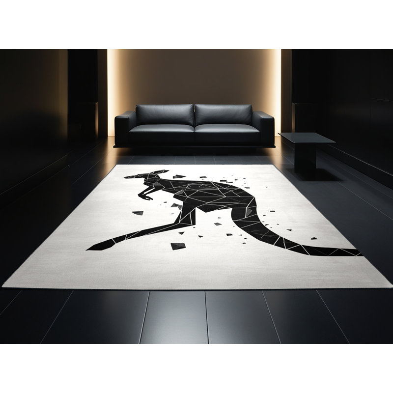 Machine Washable Ozgur Kangaroo Modern Geometric Rug in White – Black Binding, 7 x 10