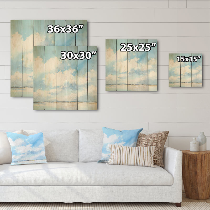 «Minimalist Horizon Cloud Drift - Minimalisme», art mural sur bois de pin naturel, H 25 po x l 25 po