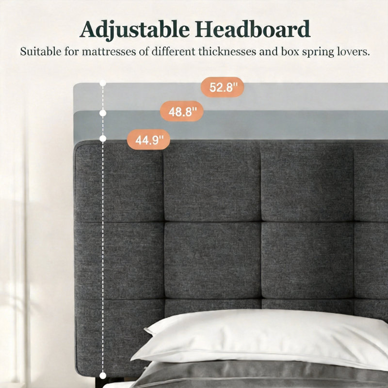 Upholstered Queen Size Bed with Padded Headboard, Linen Fabric, Easy Assembly, Queen, Gray