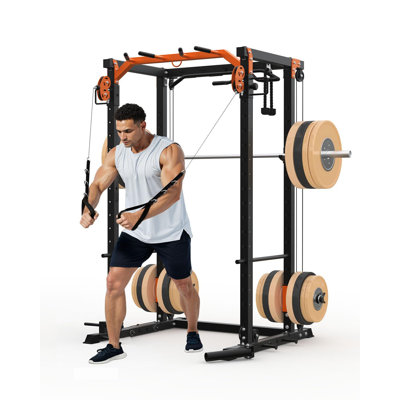 2000 LBS Multifunctional Power Cage Squat Rack with Cable Crossover & LAT Pulldown System, Compact Carbon Steel Workout Cage with Full Accessories for Home Gym Strength Training(Orange&Black)