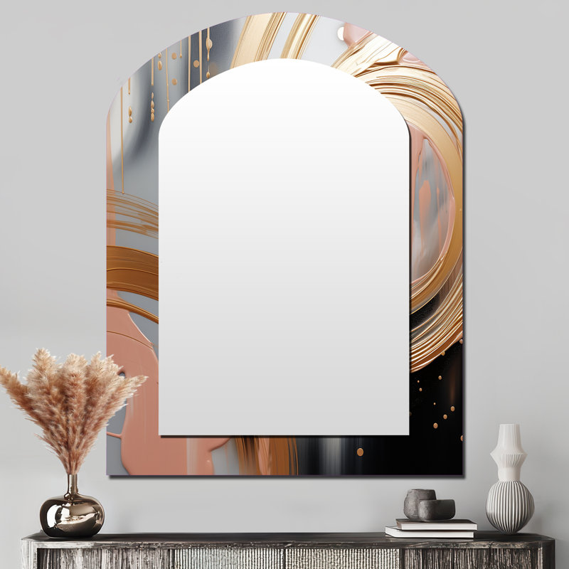 Abstract Gold and pink Liquid ink circles V - Abstract Shapes Asymmetrical Unique Mirror, Gold Arch Large Wall Mirror, Printed Metal Art