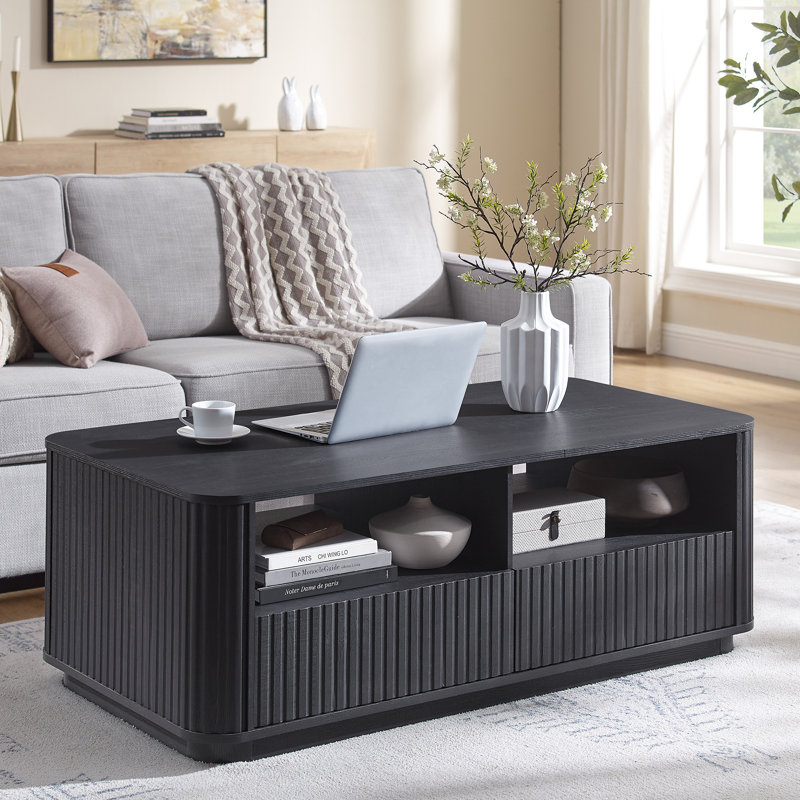 52"W Fluted Coffee Table with Open Shelf and 2 Drawers, Black