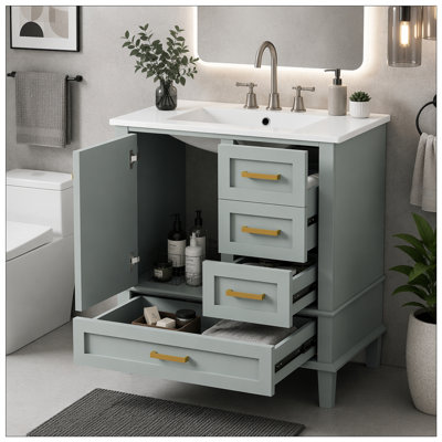 Ensemble de meuble-lavabo moderne avec lavabo 30 po, meuble-lavabo moderne avec porte à fermeture douce et 3 tiroirs, structure en bois massif