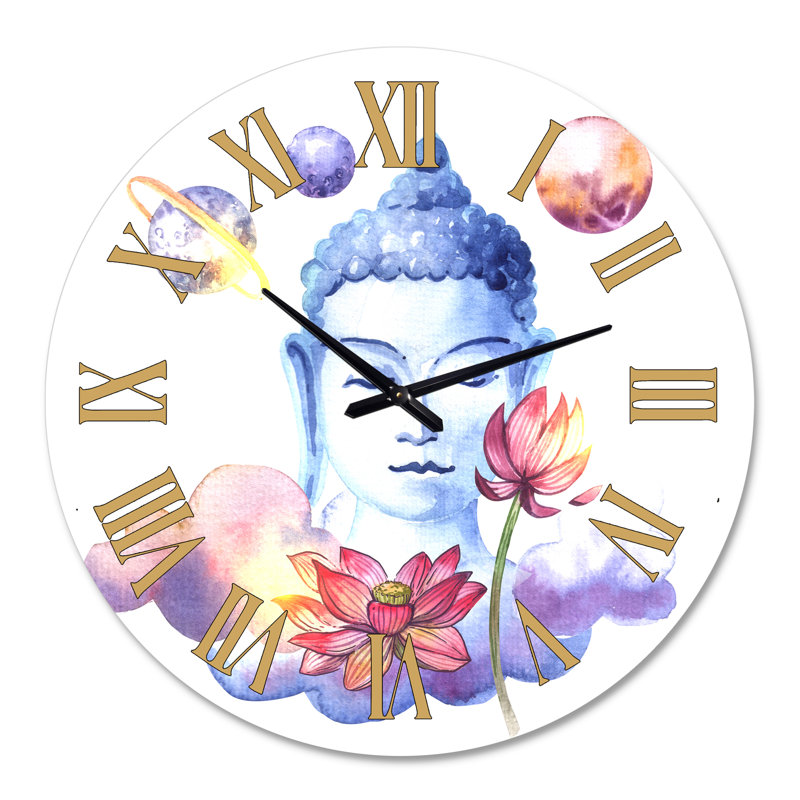 Blue BuddHa avec fleurs et planètes - horloge murale moderne, Grand