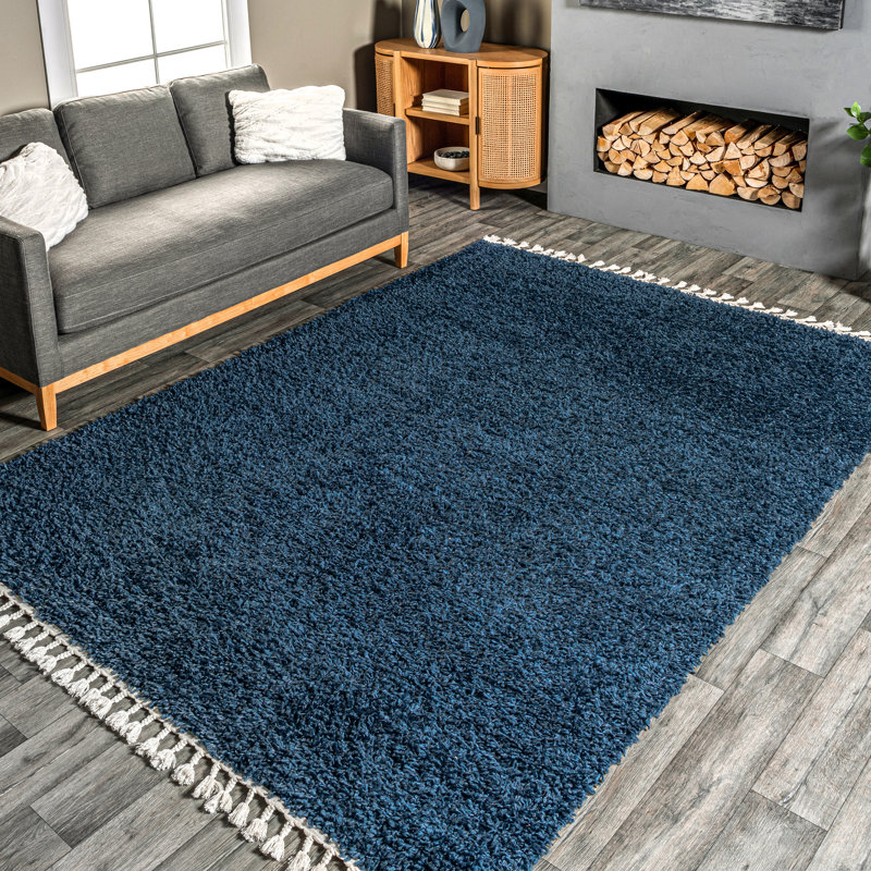 Hollier Modern Power Loom Performance Shag Tasseled Blue Rug, Rectangle 2' x 3' 3"