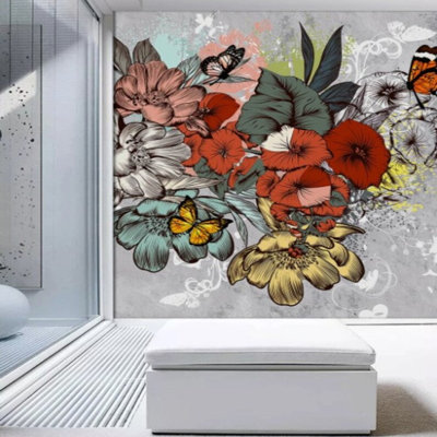 Modern Floral Botanical Mural Wallpaper With Butterflies On Textured Gray Background – Large Scale Artistic Flower Wall Design