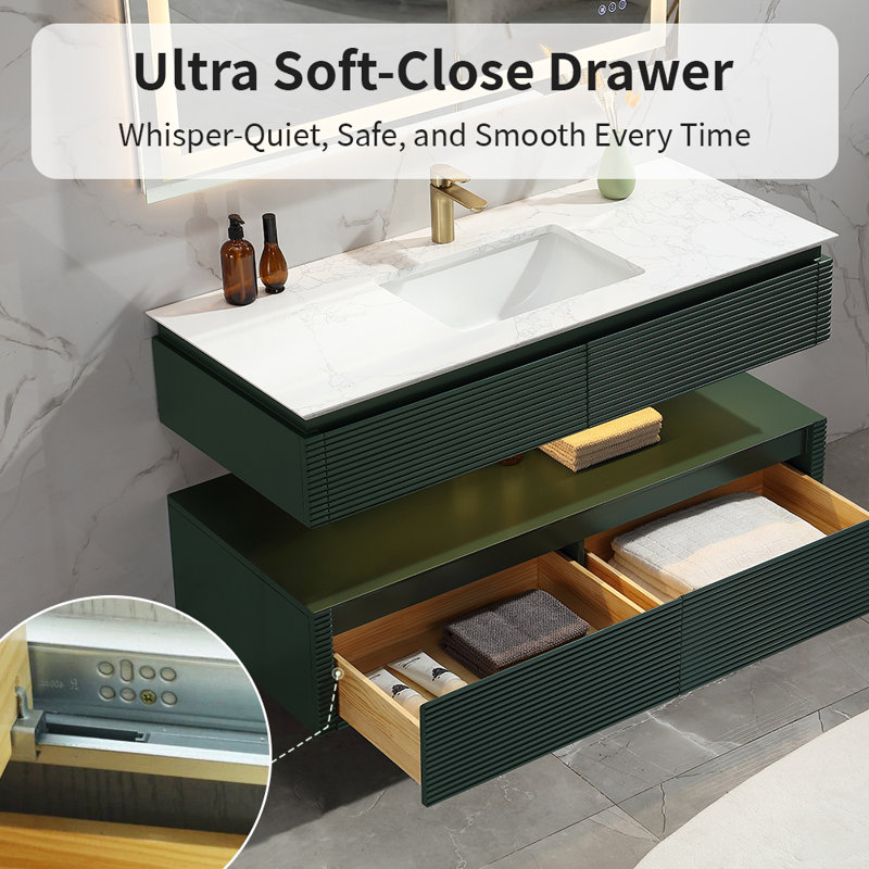 48" Floating Bathroom Vanity, Engineered Stone Top, 2 Soft-Close Drawers, LED Light, Green