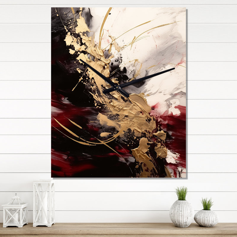 Horloge murale moderne abstraite or et rouge Fusion I, Grand
