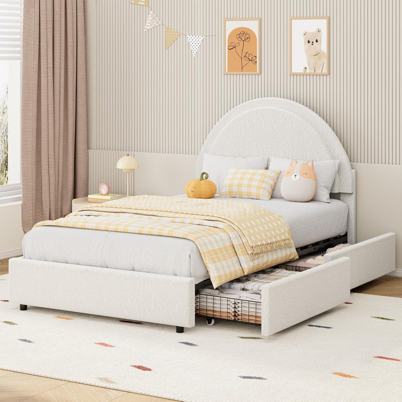 Base de lit tapissier avec 2 tiroirs de rangement Modern - Boucle Modern, Lit simple, Blanc