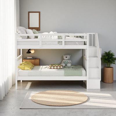Lit superposé simple au-dessus de simple avec rangement et barrière de sécurité pour chambre à coucher, dortoir