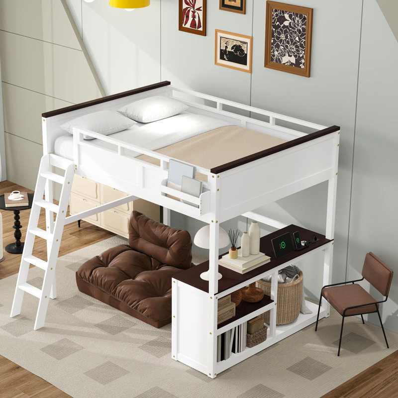 Queen Platforms Loft Bed With Built-In Desk
