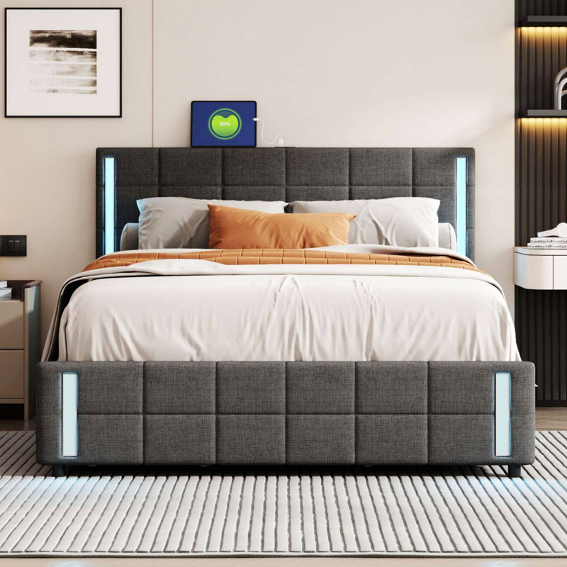 Lit plateforme tapissier Casch, gris