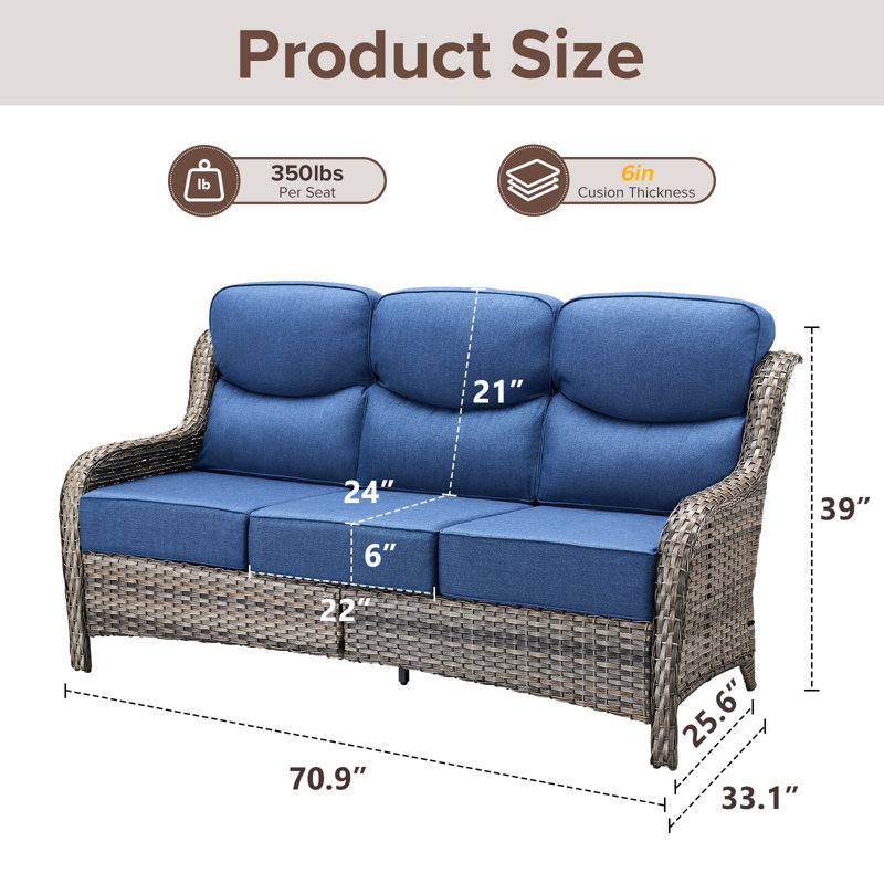Abbey 72'' 3-Seat Outdoor Durable Sofa With 6-Inch Ultra-Plush Cushions & Water-Resistant Olefin Fabric