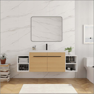 Meuble-lavabo mural avec lavabo de comptoir en résine et 2 tablettes de rangement, 2 portes à fermeture douce (emballage KD)