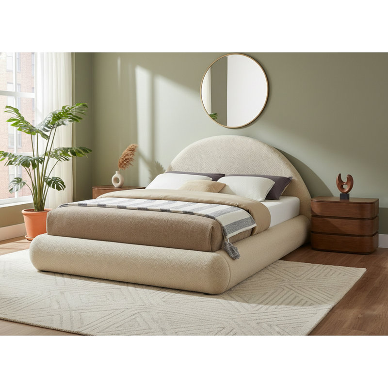 Rudy Upholstered Bed, Queen, Beige Faux Shearling Teddy Fabric