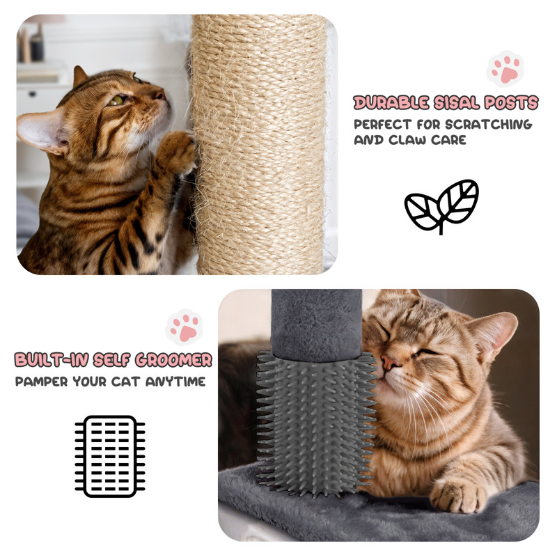 Lizzie Cat Tree Multi Level Play Tower Condo Cat Sisal Scratching Posts with Perches, Ramp and Brush, 70" H x 30" W x 32" D