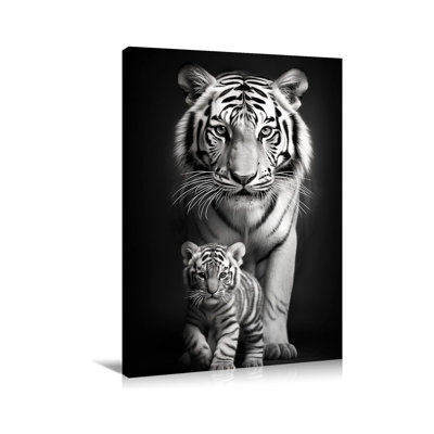 Canvas Wall Art Tiger Decor Black And White Picture Tiger And Cub Painting Wild Animal Poster Modern Artwork For Kids Room Office Bedroom Home Decor Framed(Artwork-2,20.00"X30.00")