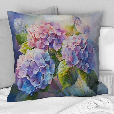 Coussin décoratif imprimé hortensia rose et mauve