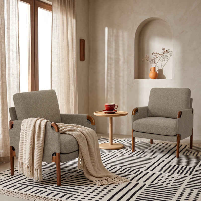 Chaises d'appoint Mid-Century modernes en tissu avec accoudoirs courbés en bois massif, ensemble de 2, Khaki