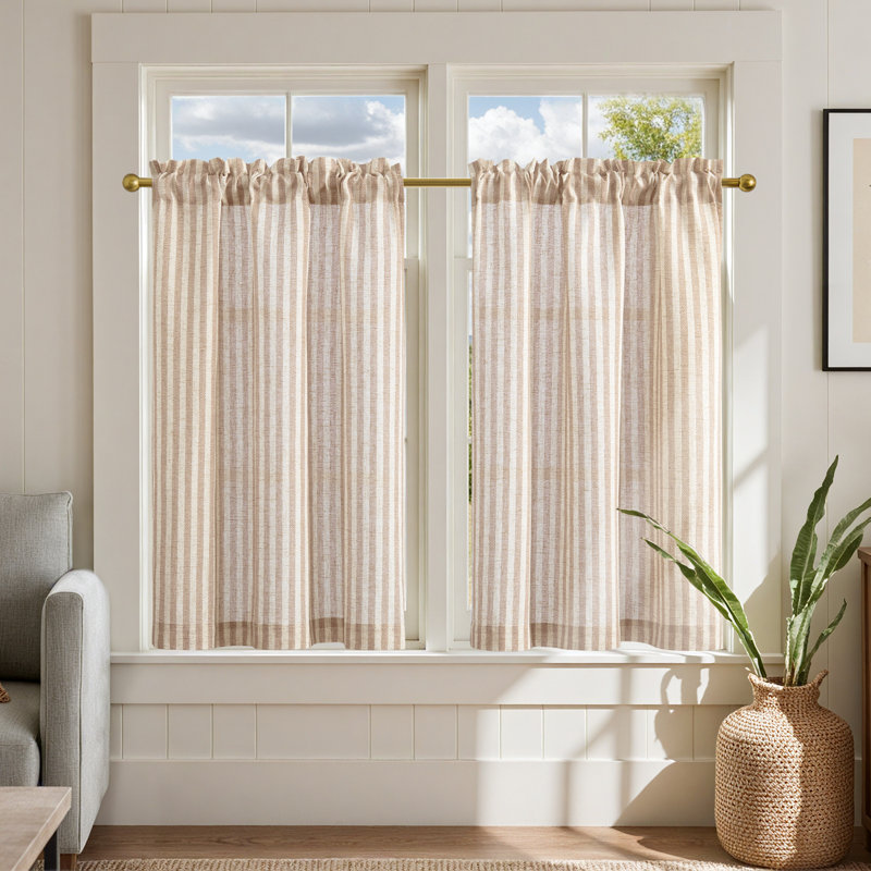 Linen Rod Pocket  Light Filtering Striped Kitchen Cafe Curtains Curtains, Taupe/Beige, 26" W x 36" L