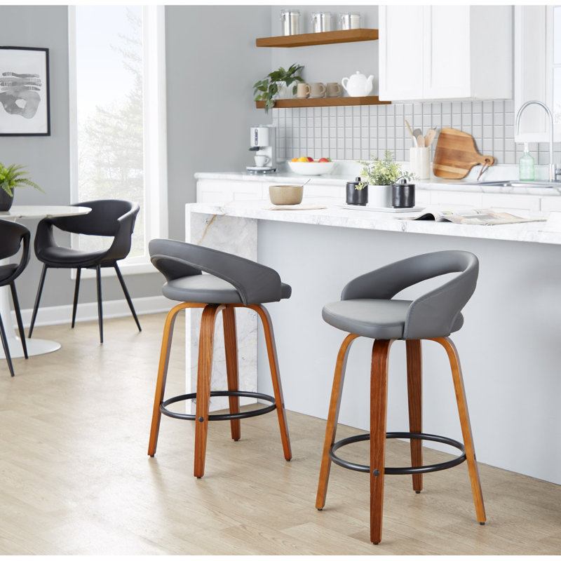 Tabouret de comptoir à hauteur fixe avec pivot en bois de noyer et similicuir gris avec repose-pieds rond en métal noir - ensemble de 2