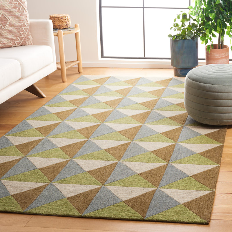 Glenwood Geometric Handmade Tufted Wool/Cotton Area Rug in Beige/Green, Rectangle 4' x 6'