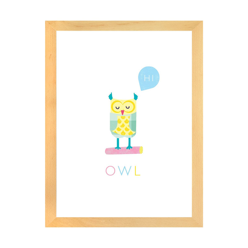 Chouette - impression d'art graphique, H 24 po x l 16 po x P 1 po, Blanc, Papier avec cadre beige