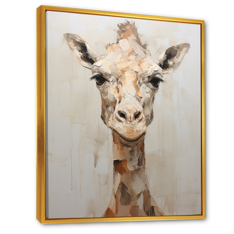 Minimalisme, girafe beige sur toile, Cadre flottant doré, H 40 po x l 30 po x P 1,5 po