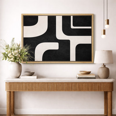 Abstract Black White Bold Geometric Path Pattern Artwork, Modern Living Room Pictures, Framed Canvas Giclee Print Wall Art
