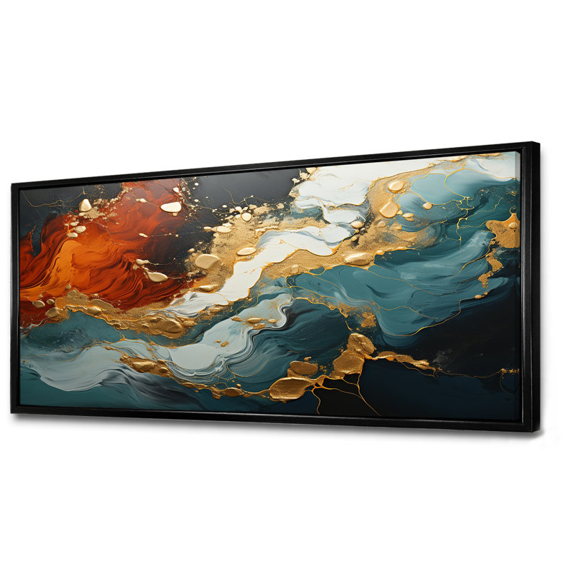 Tempête de marbre bleu et doré I - art mural abstrait, Cadre flottant noir, H 28 po x l 60 po x P 1,5 po